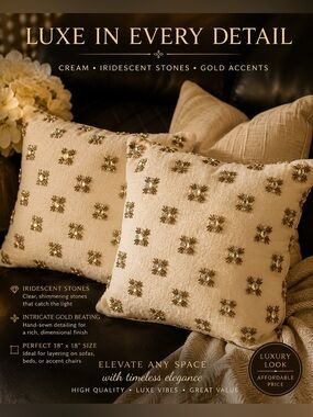 Set of 2 Boutique Cream Gold Beaded Throw Pillows 18x18 NWT Hidden Zipper Linen